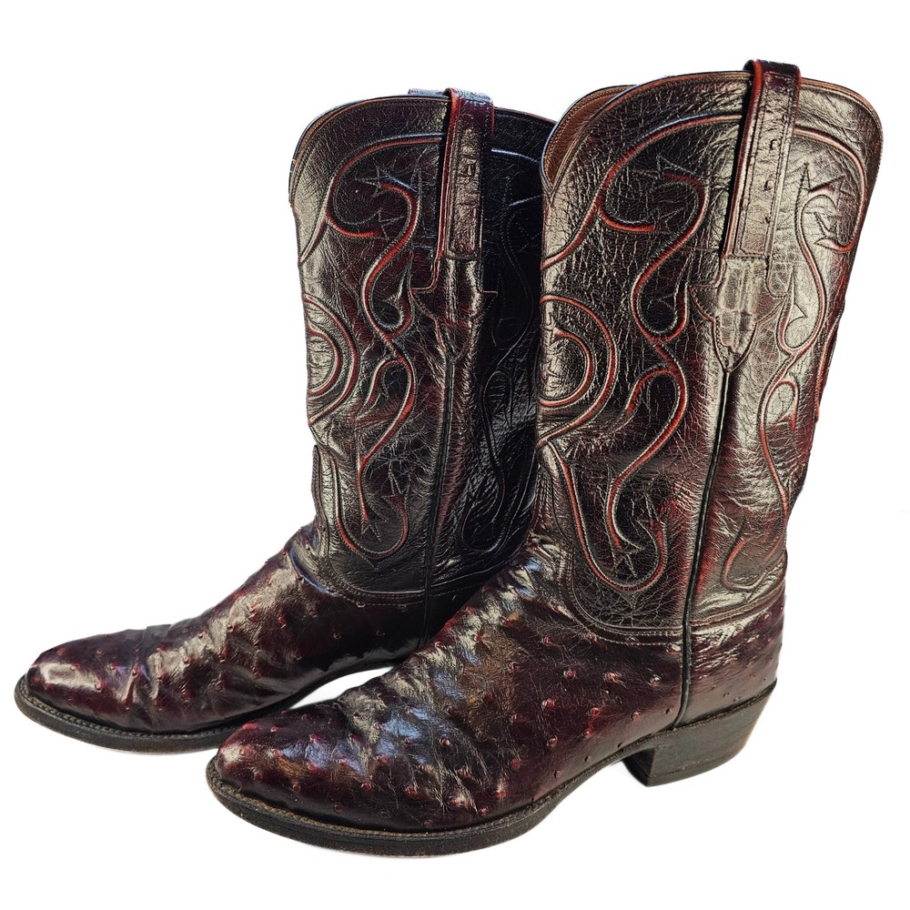 VTG Lucchese 95753 Men's 10 B Ostrich Leather Cowboy Boots Oxblood Burgundy‎